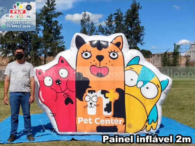 Painel inflável promocional Pet Center com personagens, 2 m